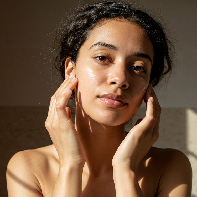 A woman with radiant skin gently touching her face, highlighting the effects of 360 Botanics Purity Cleansing Oil in soft natural lighting
