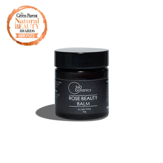 A jar of 360 Botanics Rose Beauty Balm with The Green Parent Natural Beauty Awards Bronze badge. Luxurious vegan skincare for all skin types