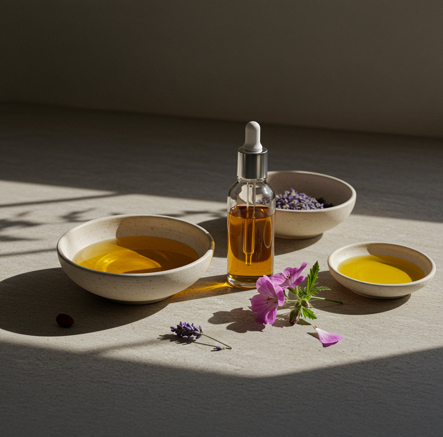 A serene setup for the making of 360 Botanics Super Serum, featuring golden Rosehip Seed Oil in a dropper bottle, bowls of Jojoba oil and lavender, and a mauve Geranium flower on a smooth stone surface. Soft afternoon light enhances the purity and elegance of the ingredients