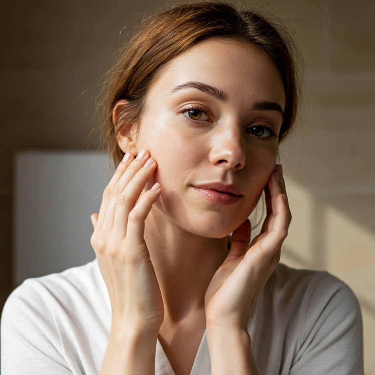 A woman gently massaging 360 Botanics Super Serum Facial Oil into her skin during her skincare routine. The soft lighting highlights her glowing complexion, emphasising the serum's nourishing and rejuvenating properties.