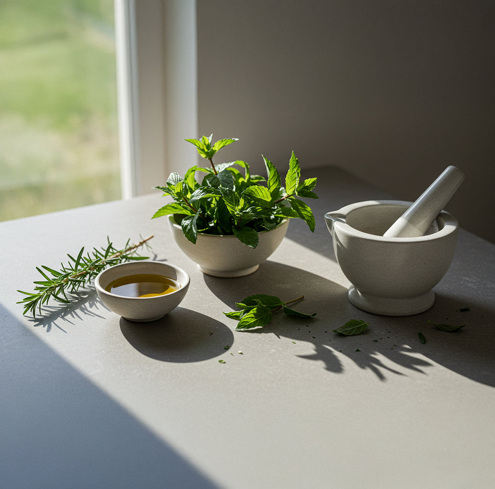 A serene making shot showcasing the natural ingredients for 360 Botanics Botanica Organic Conditioner. The setup includes fresh mint leaves in a ceramic bowl, a sprig of rosemary, a bowl of golden essential oil, and a stone pestle and mortar on a smooth stone surface. Soft natural light filters through a nearby window, enhancing the tranquil and minimalist aesthetic of the scene