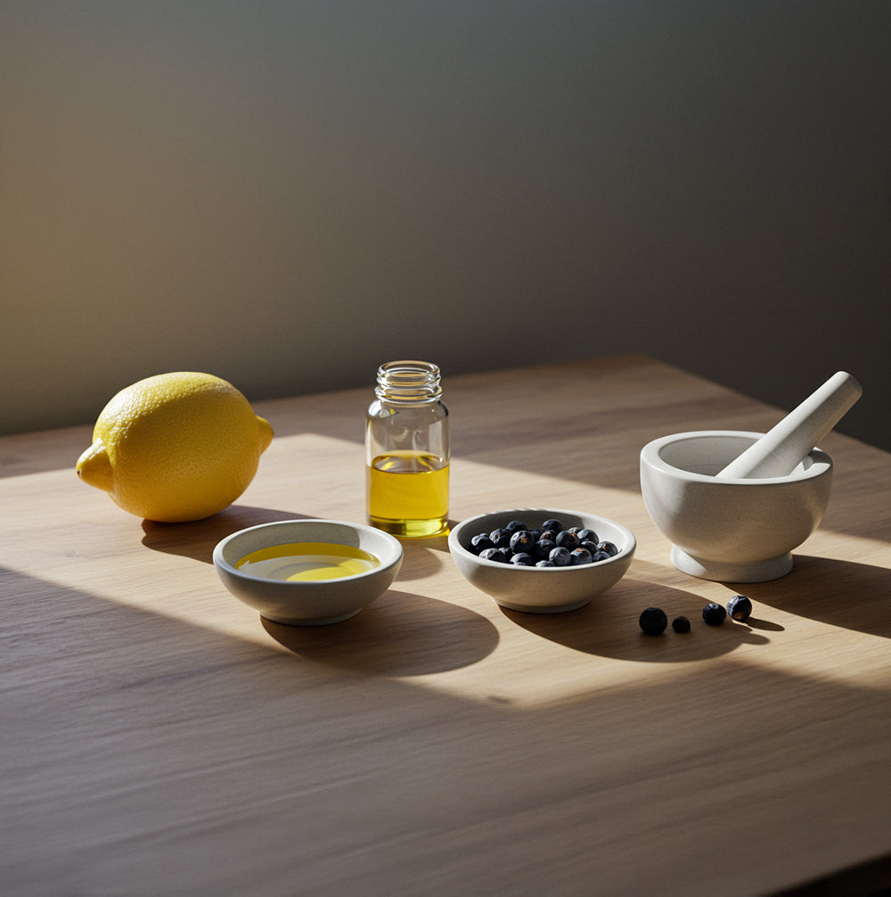 A minimalist setup for making Purity Cleansing Oil featuring a lemon, a bottle of golden essential oil, Juniper berries in a ceramic bowl, and a pestle and mortar arranged on a wooden surface. Soft natural light filters through a window, highlighting the textures and tranquil elegance of the scene
