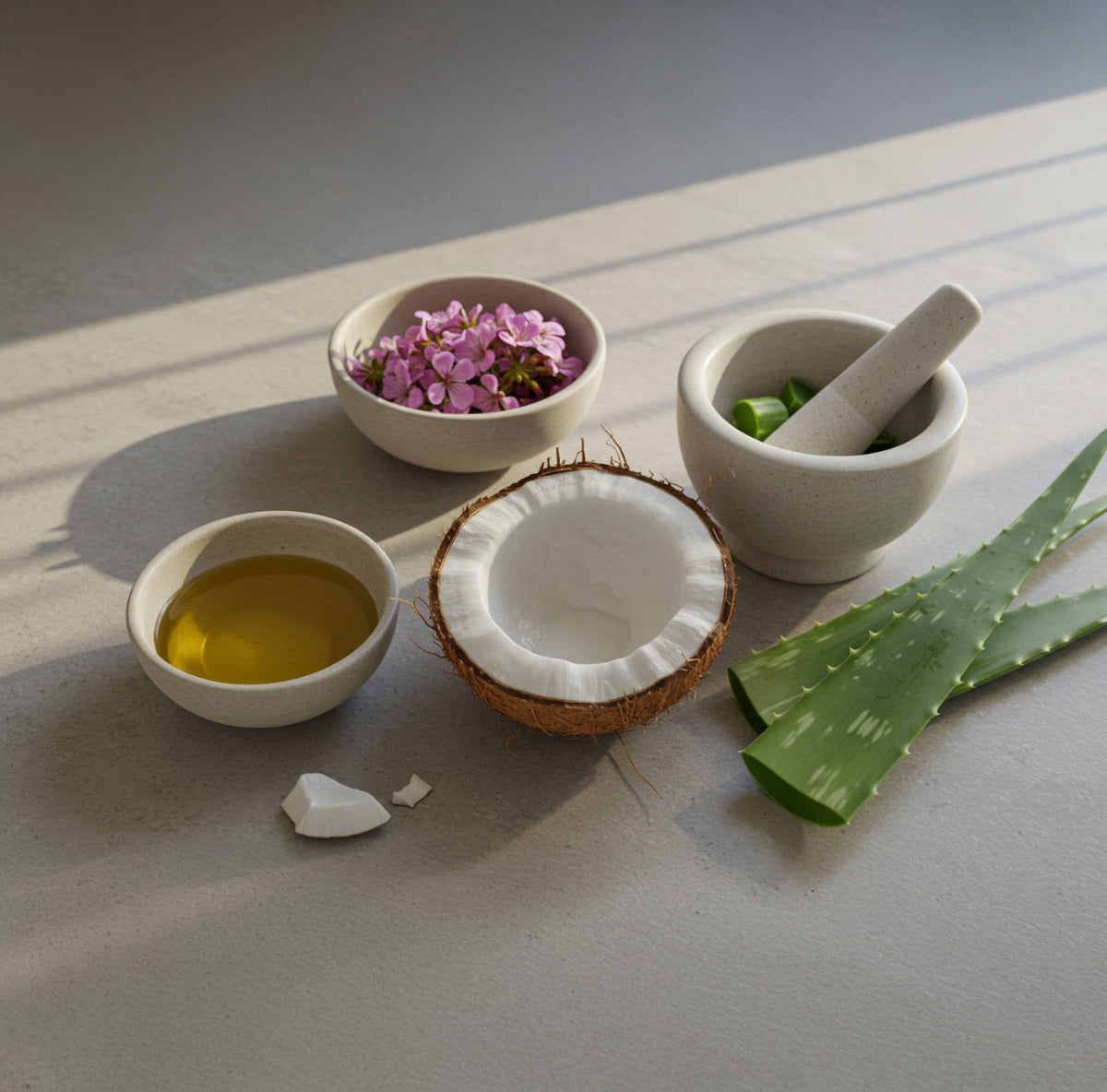 A serene arrangement showcasing the natural ingredients of 360 Botanics SPA All Over Lotion, including a halved coconut, fresh Aloe Vera leaves, mauve Geranium flowers, a bowl of golden Frankincense oil, and a stone pestle and mortar. The minimalist setup highlights the purity and simplicity of the product.