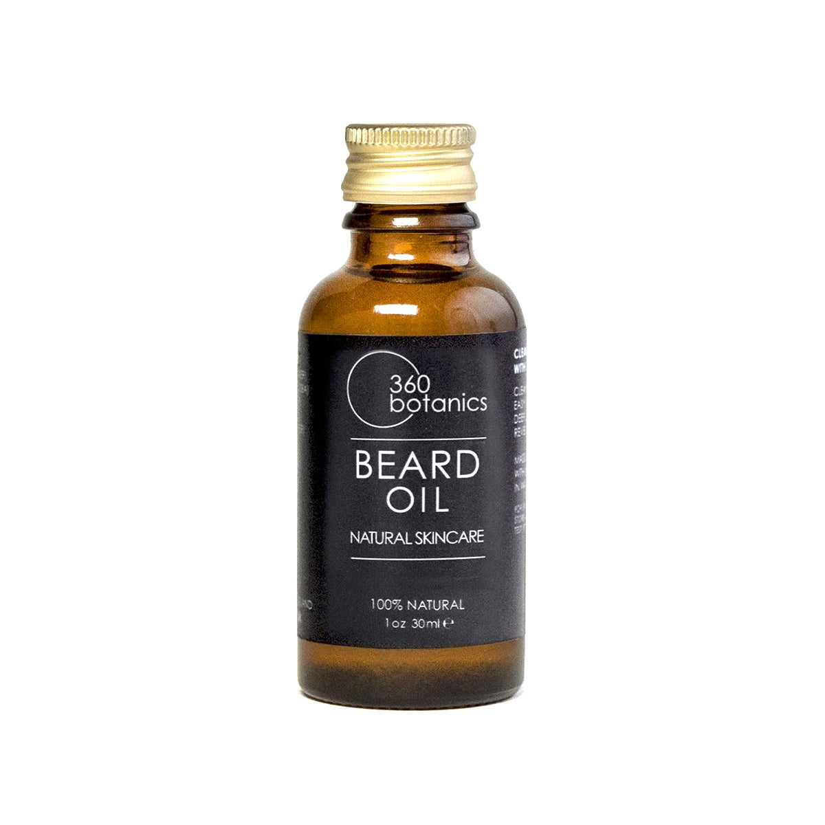 A 1 oz (30 ml) bottle of 360 Botanics Beard Oil with a metallic cap, labeled as "Natural Skincare" and "100% Natural," against a white background.
