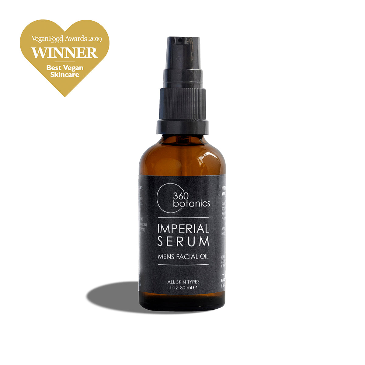 360 Botanics Imperial Serum Men's Facial Oil in a 30 ml amber glass bottle with a spray nozzle, against a white background. A golden badge at the top left corner announces 'Vegan Food Awards 2019 WINNER Best Vegan Skincare,' highlighting the product's accolade and vegan-friendly credentials