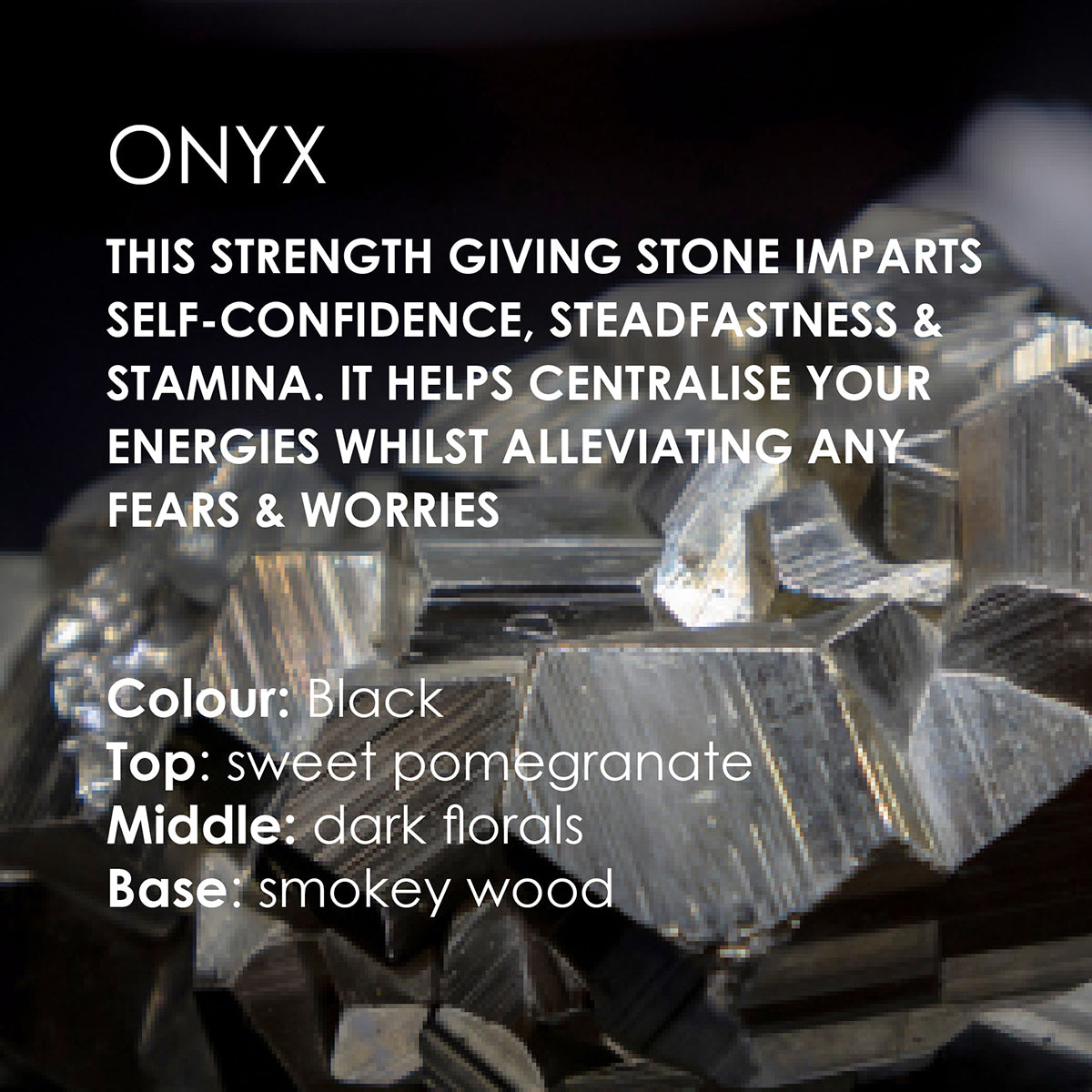 Promotional image for 360 Botanics ONYX range, outlining the fragrance profile. The text states: 'ONYX - This strength-giving stone bestows self-confidence, steadfastness & stamina. It aids in centralising your energies whilst alleviating any fears & worries. Colour: Black, Top: sweet pomegranate, Middle: dark florals, Base: smoky wood.' The backdrop displays reflective black crystals, highlighting the product's luxurious and powerful nature