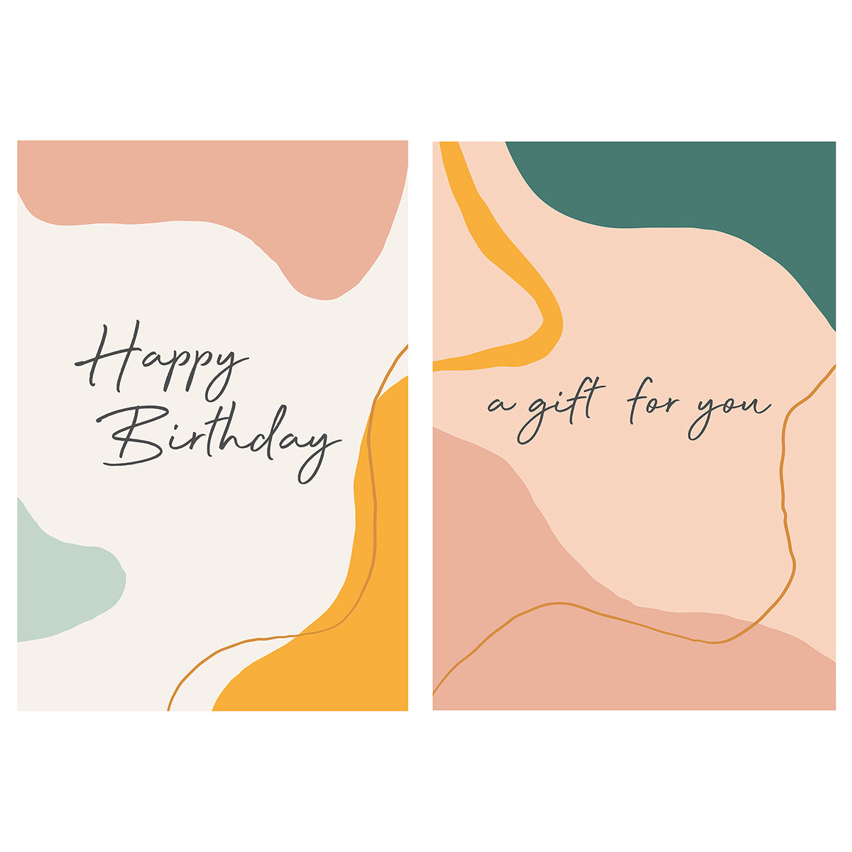 Two minimalist greeting cards side by side. The left card has a pale background with abstract shapes in pastel green and mustard yellow, and the text "Happy Birthday" in a casual script font. The right card features similar abstract shapes in a muted peach and dark green, with the phrase "a gift for you" in matching script. The design is modern and elegant with a soft colour palette.