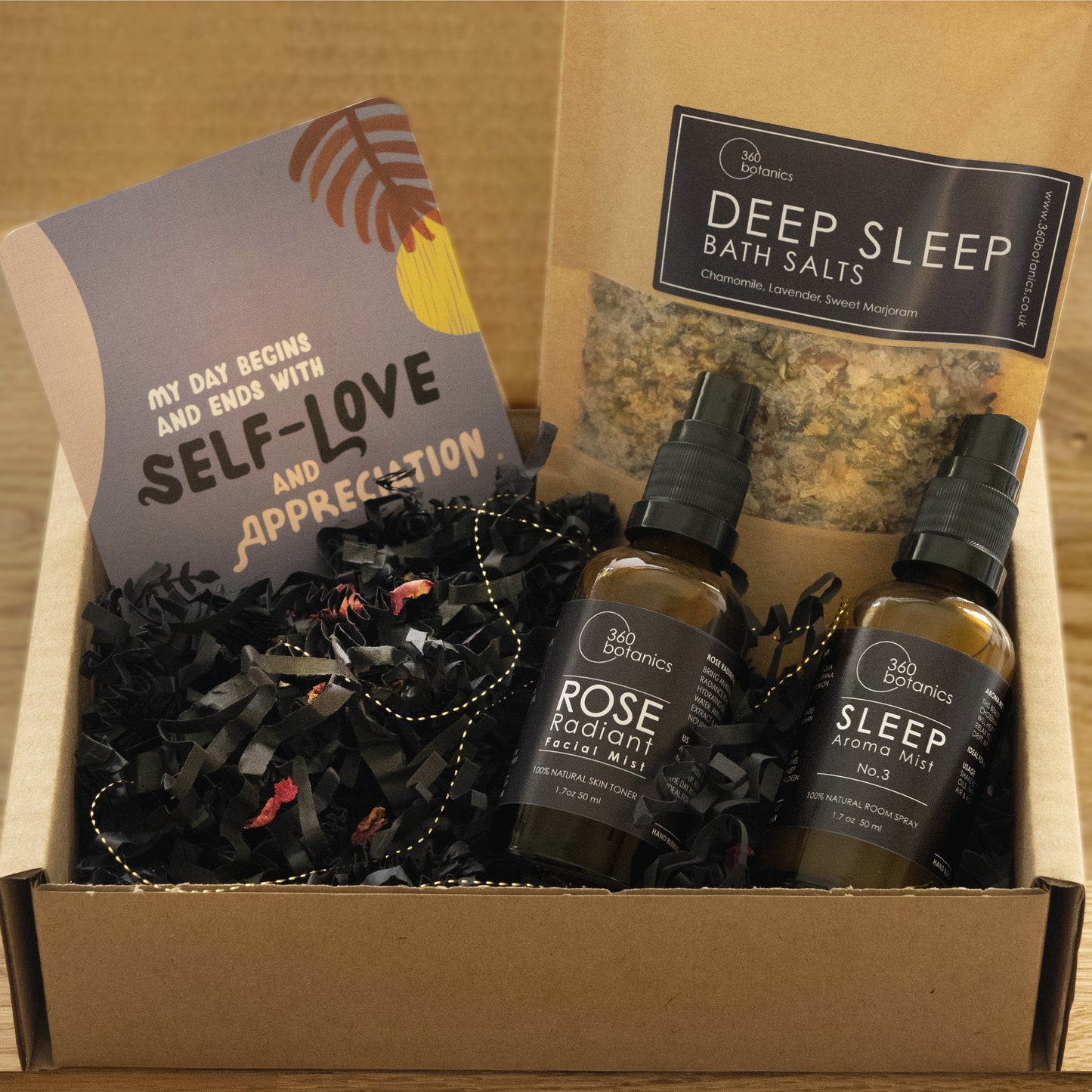 Photo of 360 Botanics Sleep Gift Box open with products inside