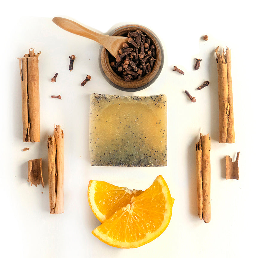 winter spice green soap flatlay with cinnamon and orange segments