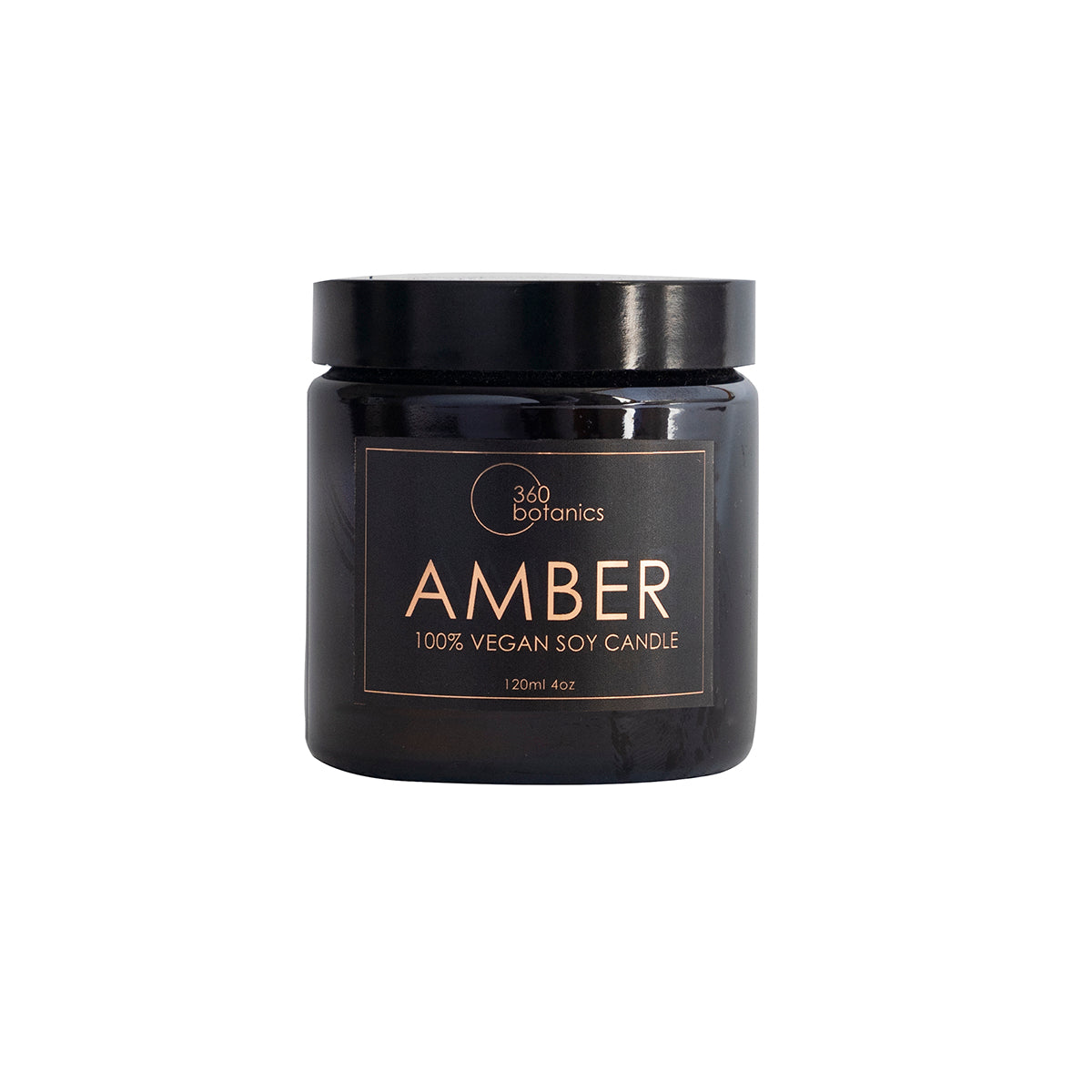  A 120ml 360 Botanics Amber candle, labeled as 100% vegan soy candle, with elegant gold and white text on a sleek black jar.