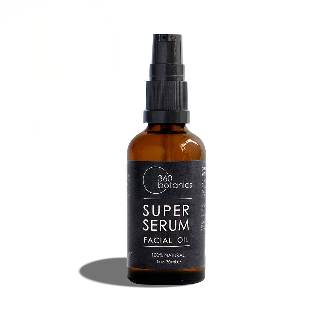 360 Botanics Super Serum facial oil in amber glass pump bottle
