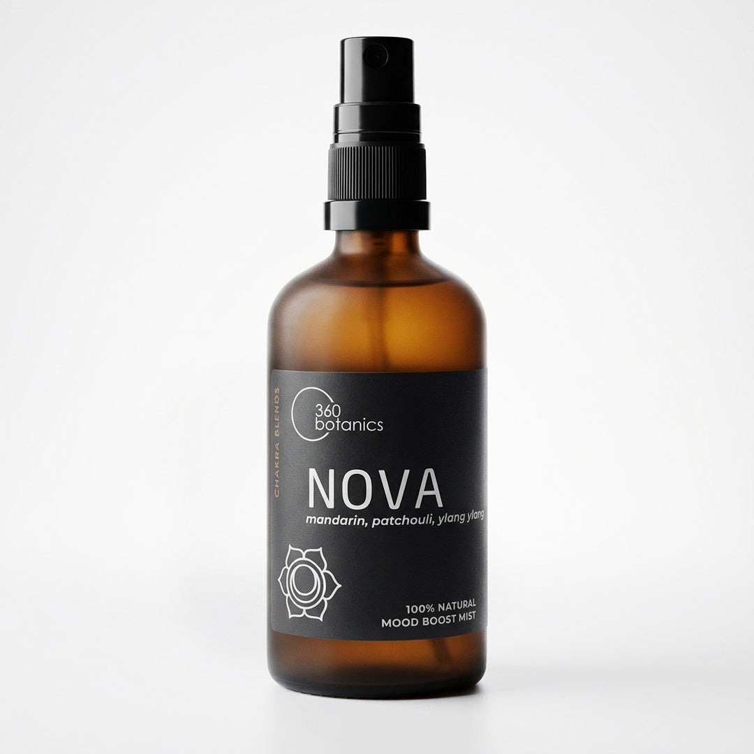 Amber glass spray bottle with a black pump labeled “360 Botanics NOVA,” a 100% natural mood boost mist featuring mandarin, patchouli, and ylang ylang.