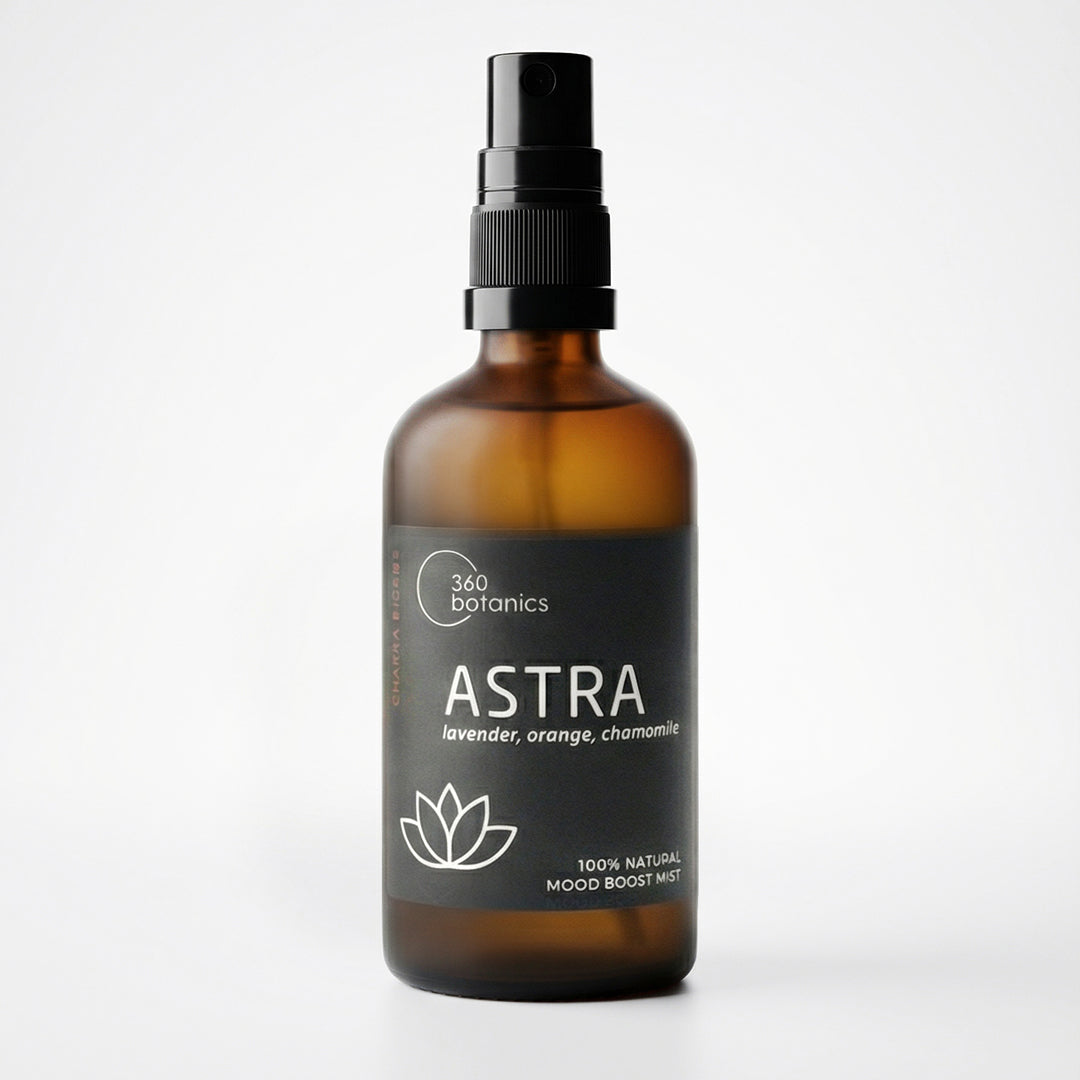 Amber glass spray bottle with black pump labeled “360 Botanics ASTRA,” a 100% natural mood boost mist featuring lavender, orange, and chamomile.