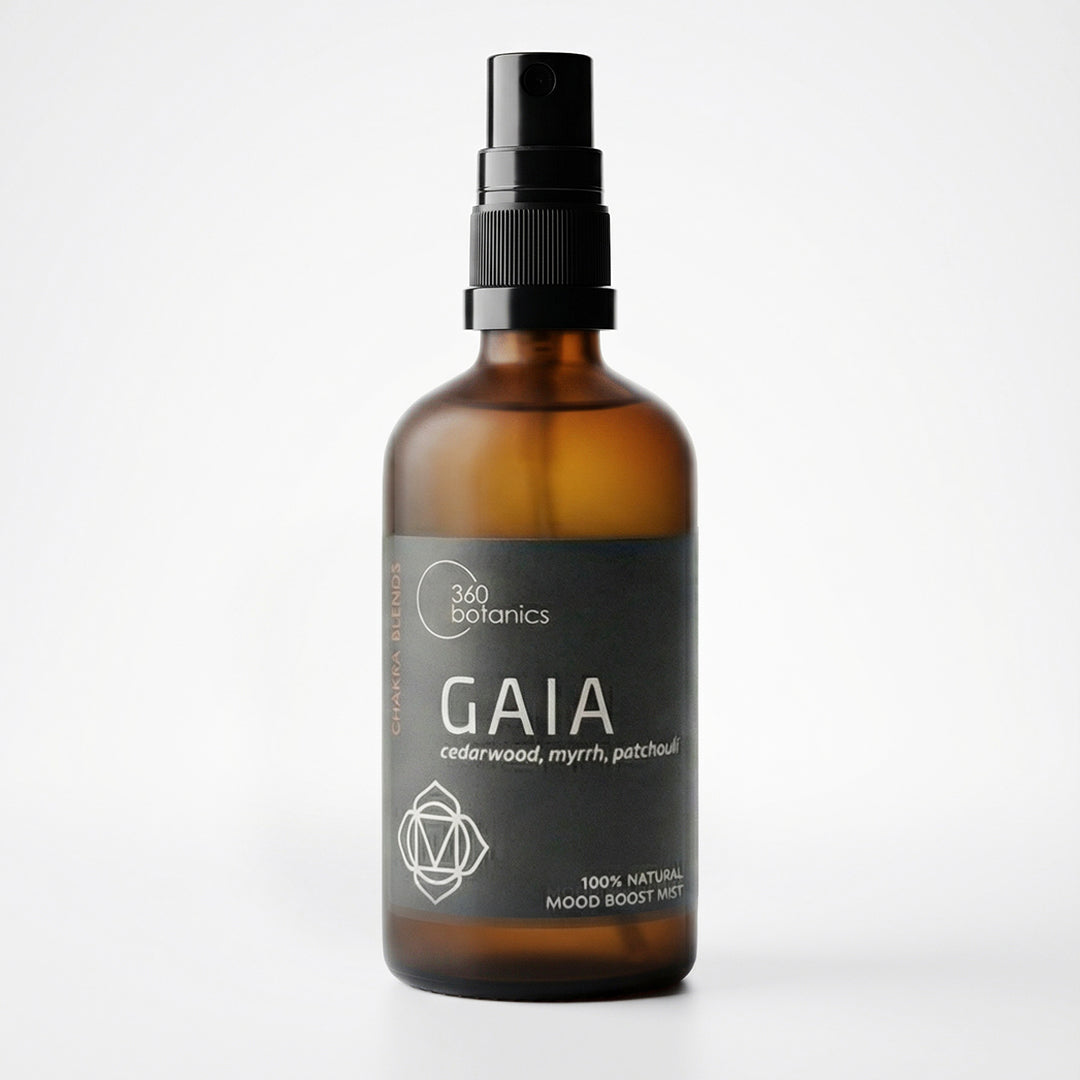 Amber glass spray bottle with black pump labeled “360 Botanics GAIA,” a 100% natural mood boost mist featuring cedarwood, myrrh, and patchouli.
