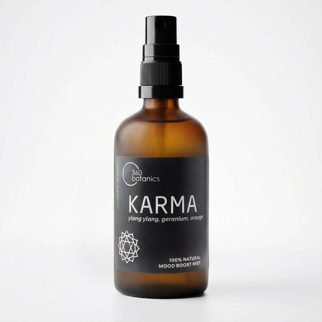 Amber glass spray bottle with black pump labeled “360 Botanics KARMA,” a 100% natural mood boost mist featuring ylang ylang, geranium, and orange.