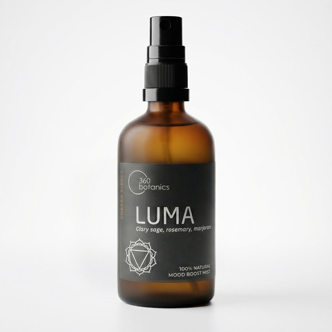 Amber glass spray bottle with black pump labeled “360 Botanics LUMA,” a 100% natural mood boost mist featuring clary sage, rosemary, and marjoram.