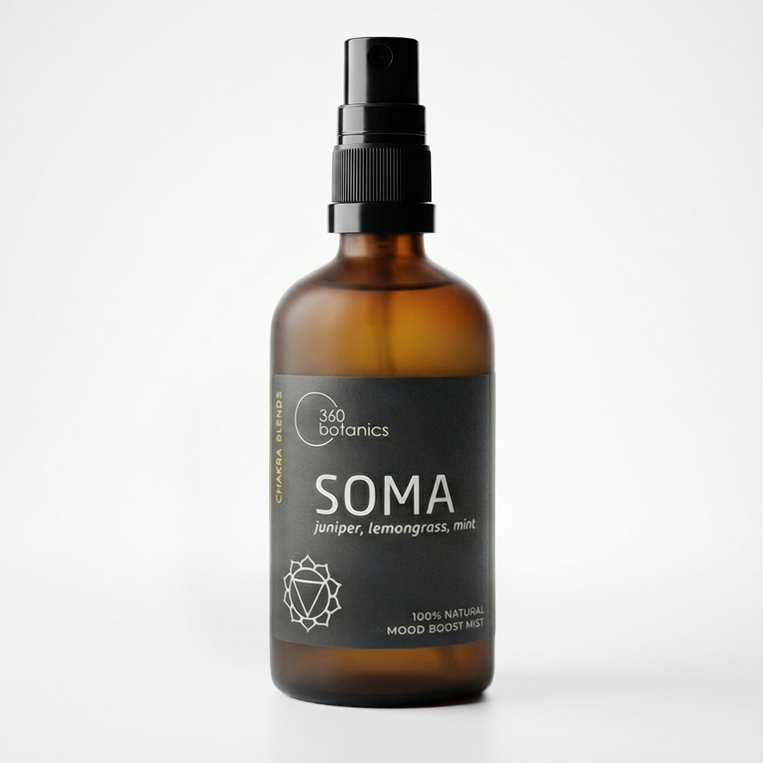 Amber glass spray bottle with black pump labeled “360 Botanics SOMA,” a 100% natural mood boost mist featuring juniper, lemongrass, and mint.