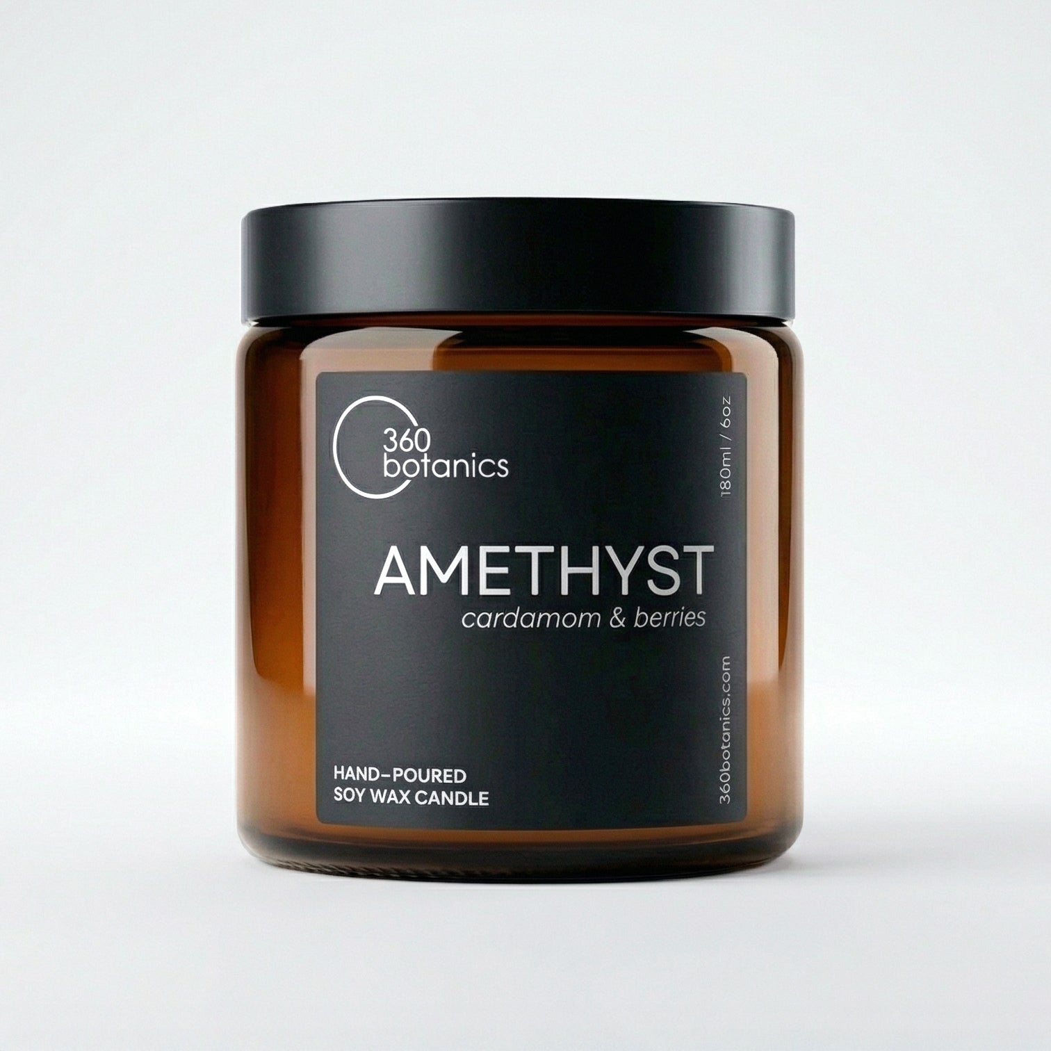 Amethyst candle by 340 Botanics with a black lid on a light gray background