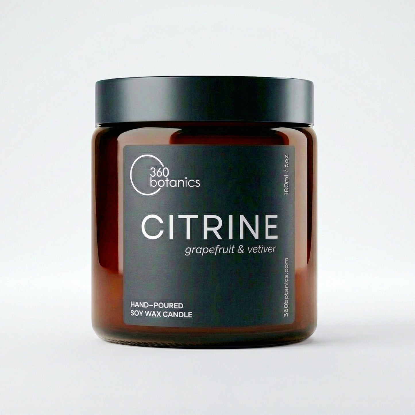 Candle jar labeled 'Citrine' by 360 Botanics on a white background