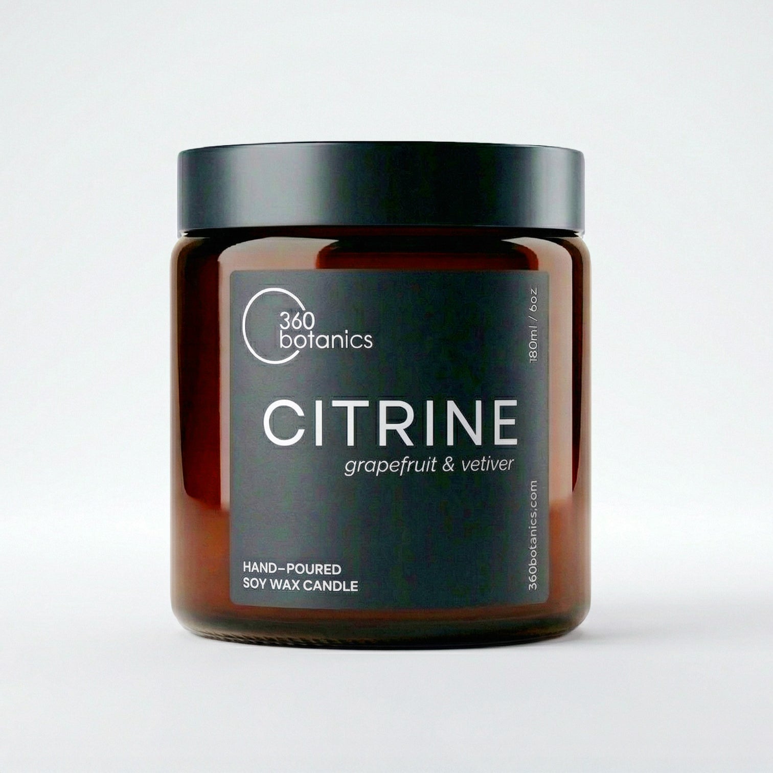 Candle jar labeled 'Citrine' by 360 Botanics on a white background