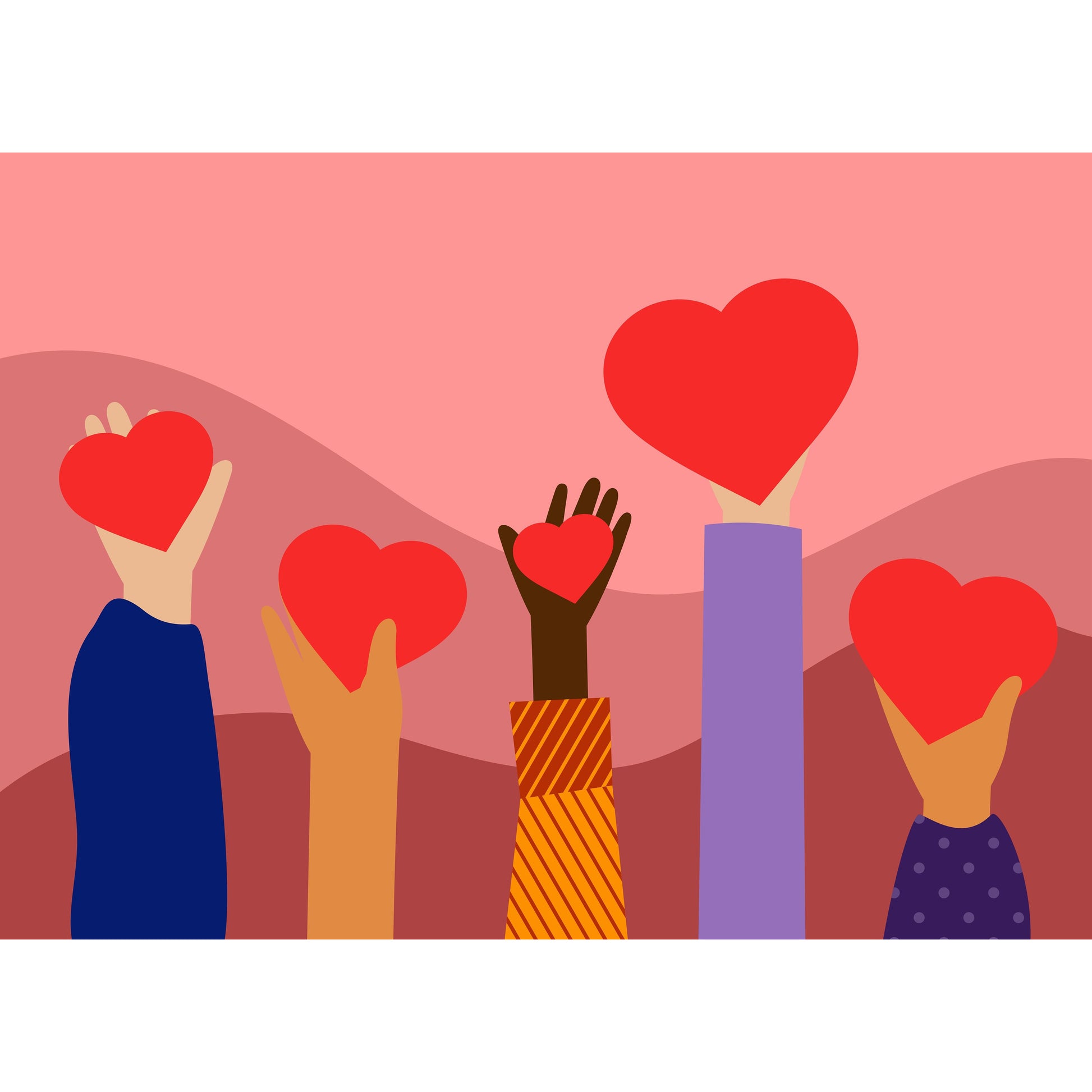  The image is an illustration featuring five hands raised up against a pink and purple background, each hand holding a red heart. The hands are of various skin tones and are wearing different sleeves, symbolizing diversity and unity. The style is simple with flat colors and shapes, conveying a message of love and togetherness.