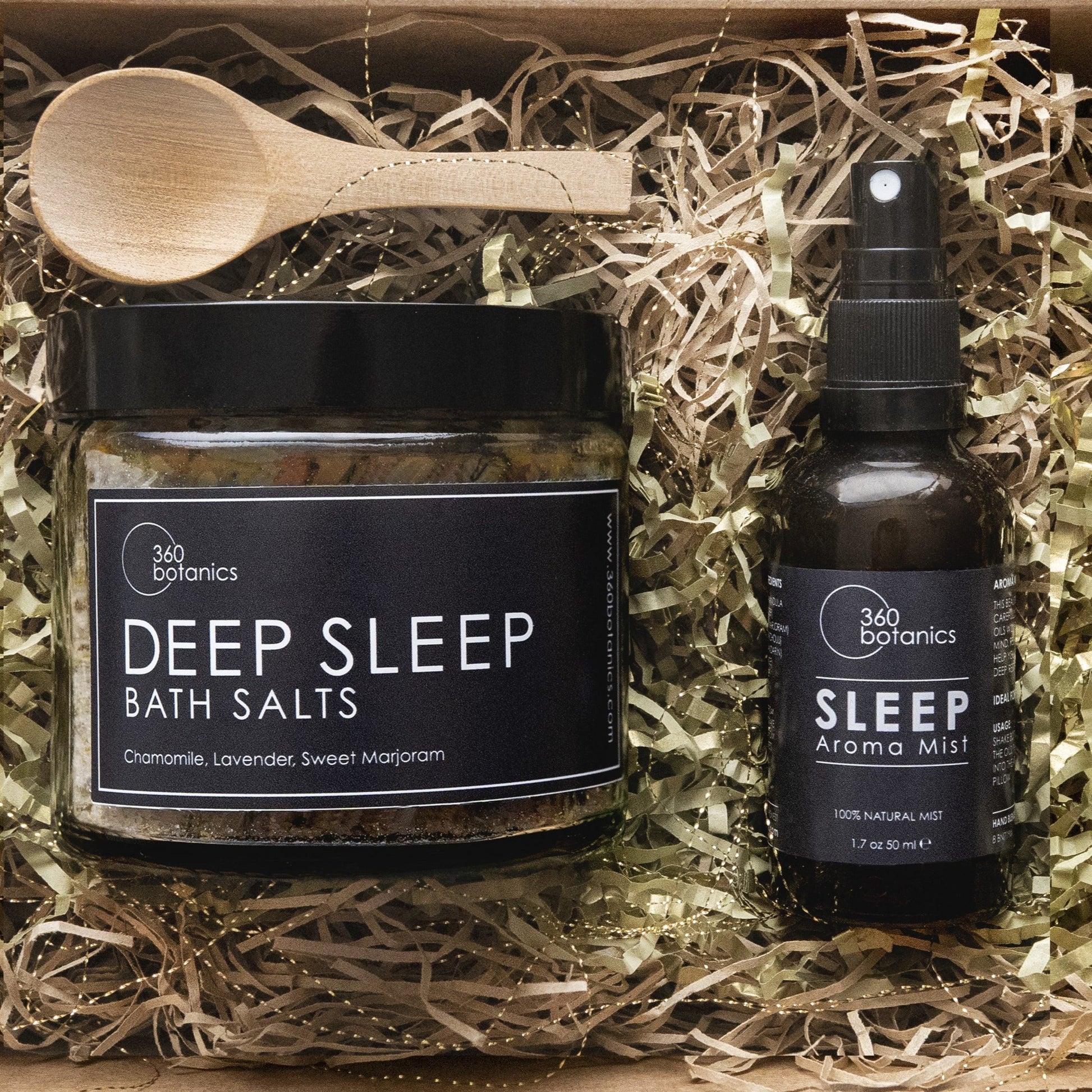 360botanics Deep Sleep cardboard Gift-Box contains deep sleep bath salts, Sleep aroma room spray and wooden spoon