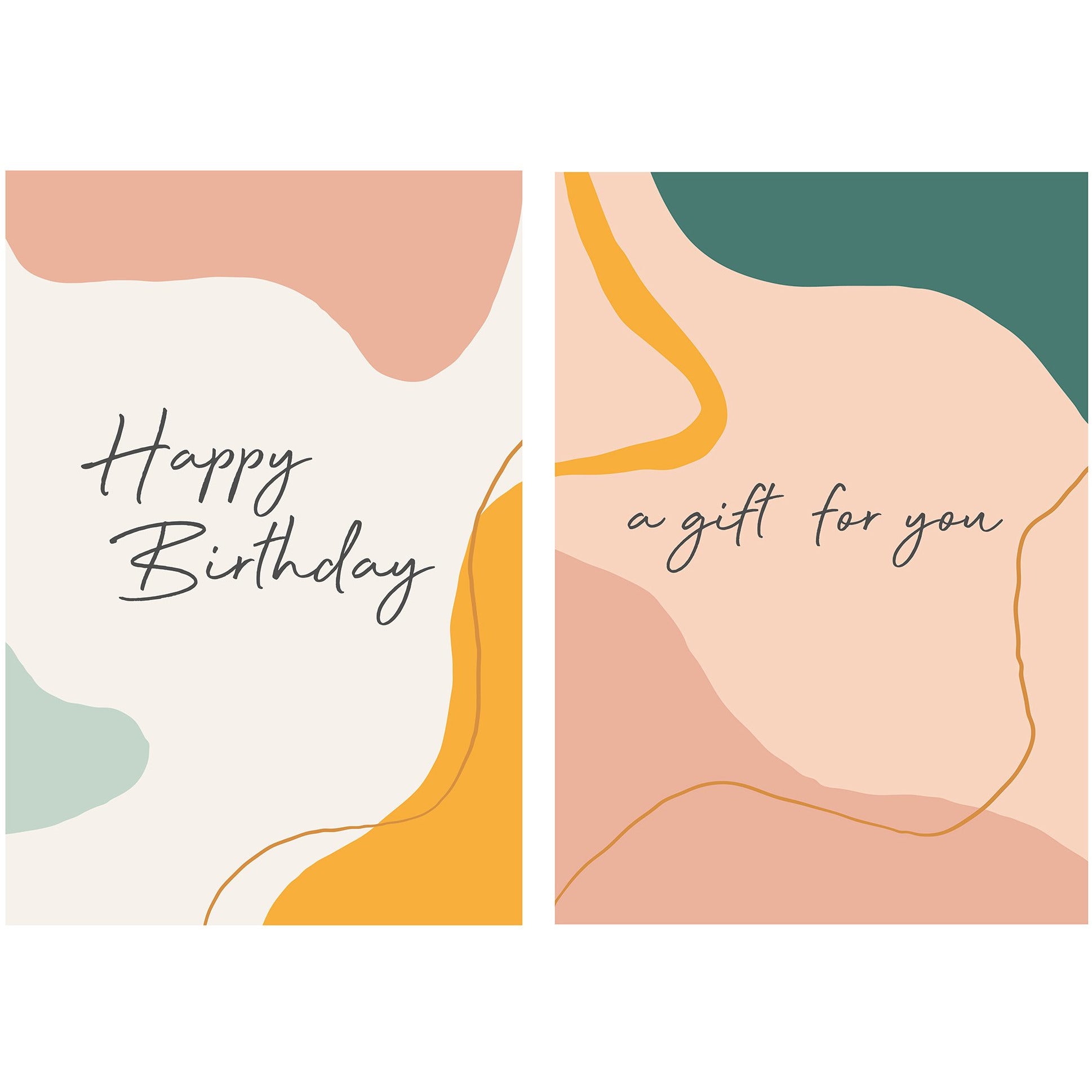 Two stylish greeting cards side by side with abstract art in muted colors of peach, green, and mustard. The left card reads 'Happy Birthday' in elegant cursive, while the right card says 'a gift for you,' offering a warm and modern way to present gifts from 360 Botanics