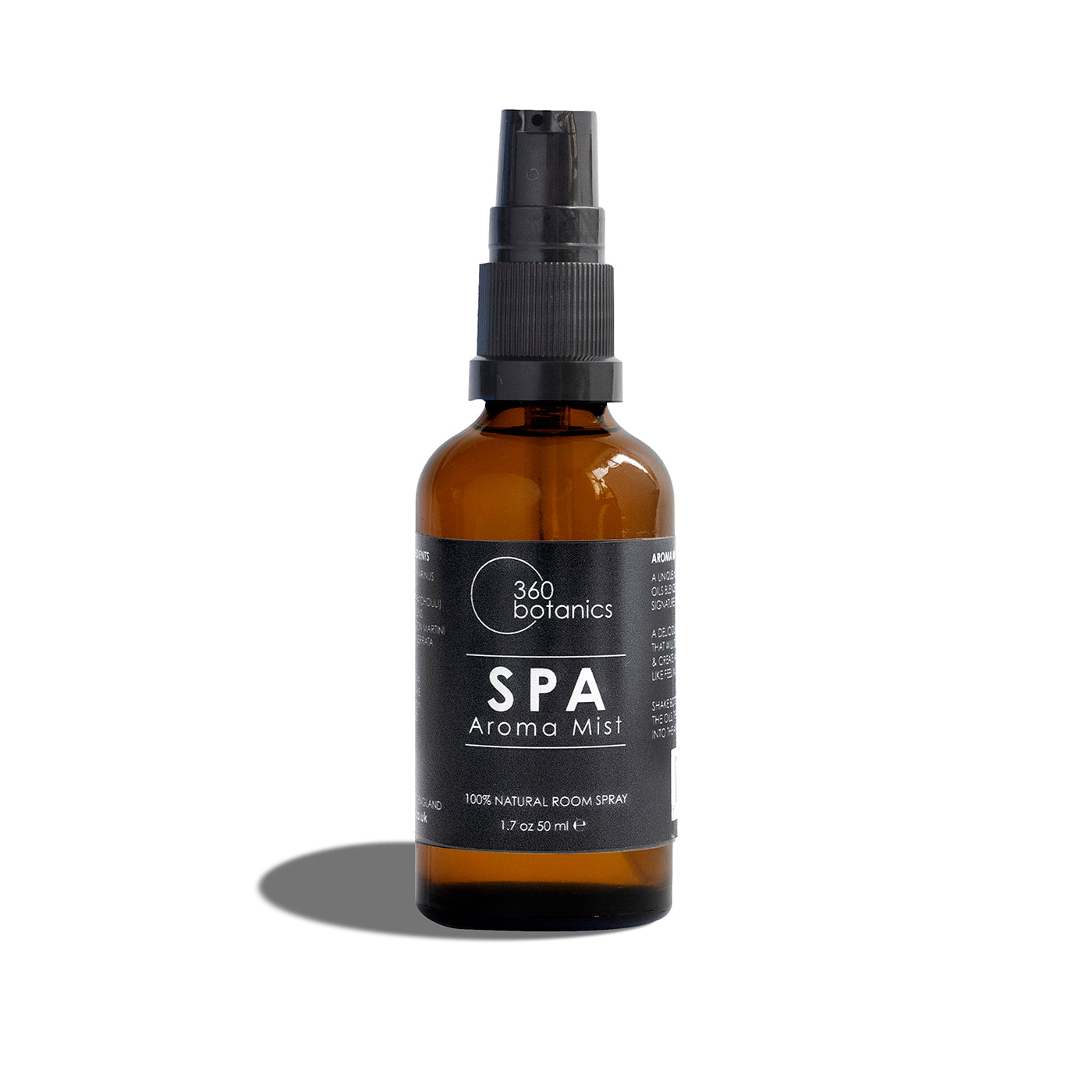  A 360 Botanics SPA Aroma Mist bottle with a black label, made of amber glass with a spray nozzle, against a white background casting a soft shadow.