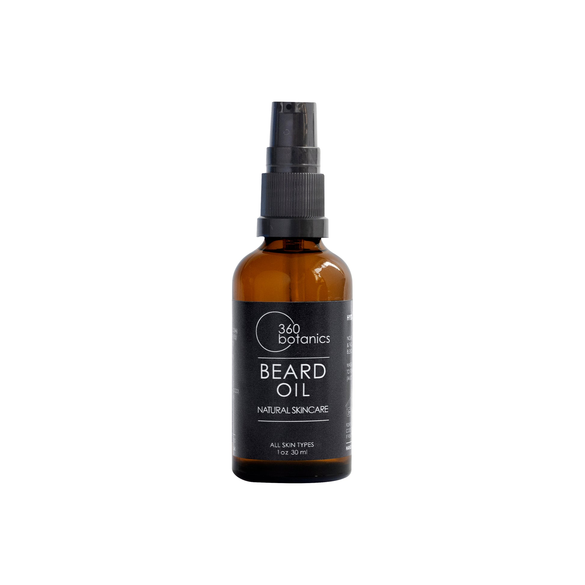 A 30 ml amber glass bottle of 360 Botanics Beard Oil with a black spray nozzle, prominently displayed against a white background. The label on the bottle indicates 'NATURAL SKINCARE' and 'ALL SKIN TYPES,' emphasizing the product's suitability for a wide range of users and its natural ingredients