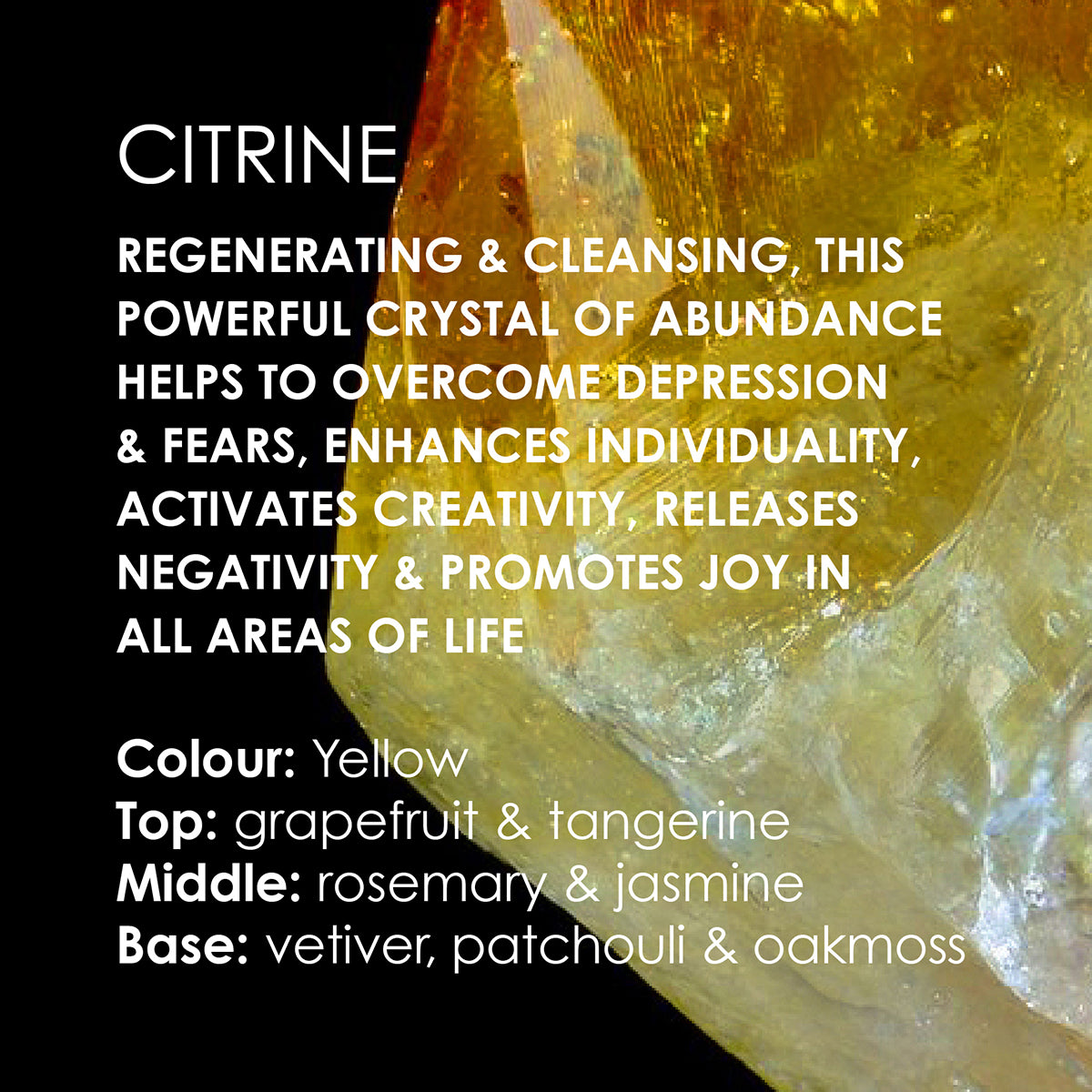 A graphic featuring properties of Citrine, describing it as regenerating, cleansing, and a powerful crystal of abundance. It lists benefits like overcoming depression and fears, enhancing individuality, activating creativity, releasing negativity, and promoting joy. The color is noted as yellow, with scent notes of top: grapefruit & tangerine, middle: rosemary & jasmine, and base: vetiver, patchouli & oakmoss, against a background image of a citrine crystal.