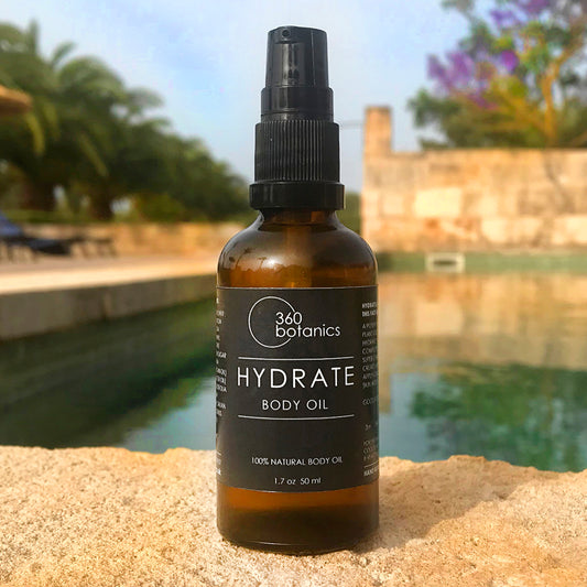 Hydrate-Body-Oil bottle photographed-by swimming pool in Majorca