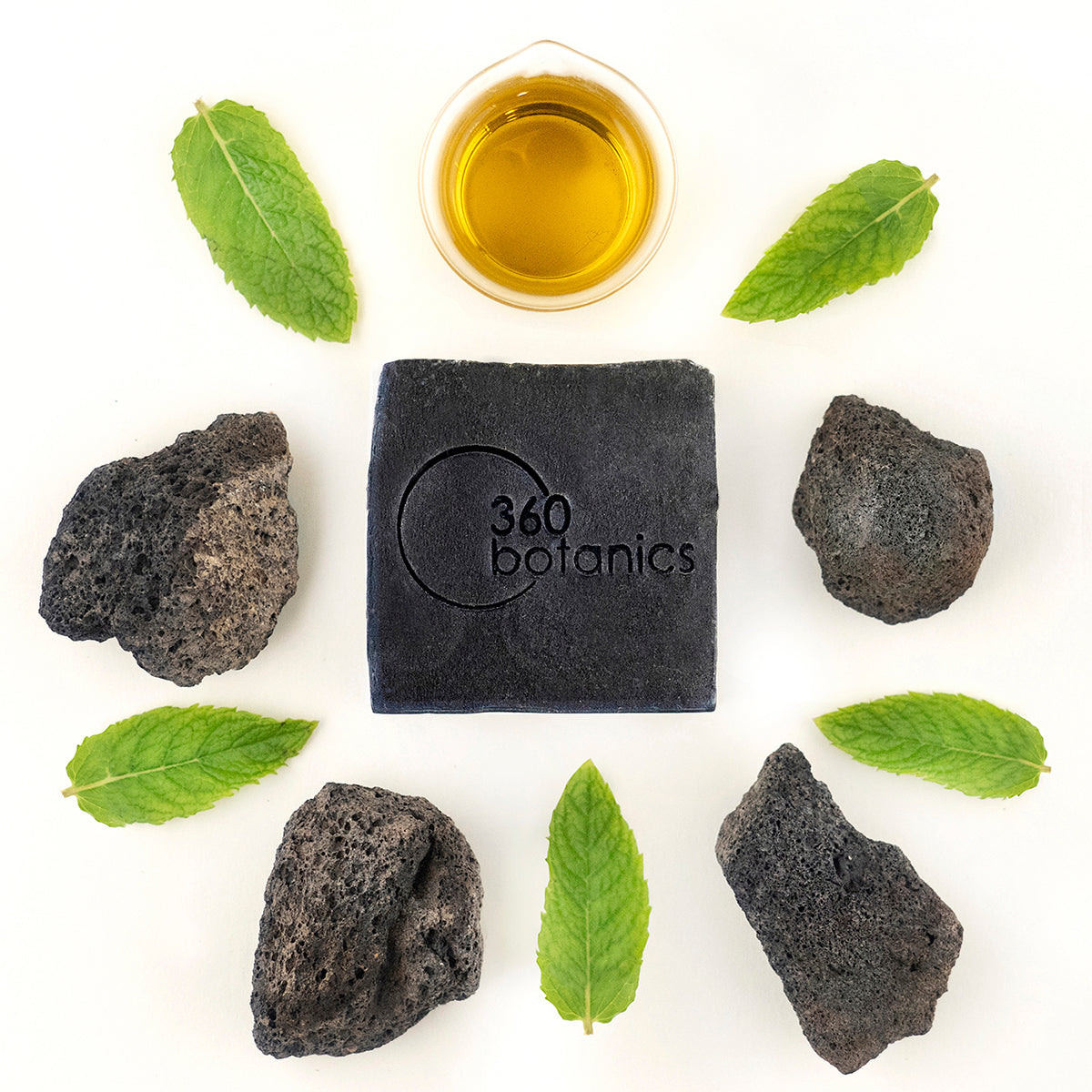 A flat lay image featuring a black charcoal soap bar with the "360 Botanics" logo at the center, surrounded symmetrically by three pieces of volcanic rock, a small bowl of liquid, and fresh green leaves on a white background.