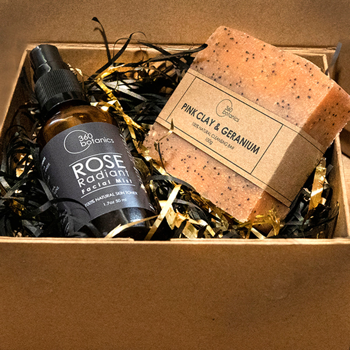 image pink clay soap and Rose radiant facial mist in a open gift box