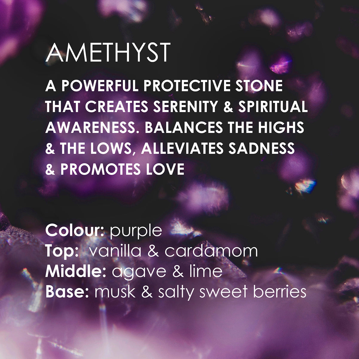 Promotional image for Amethyst scented candle with essential oil fragrance notes and benefits of the Amethyst crystal.
